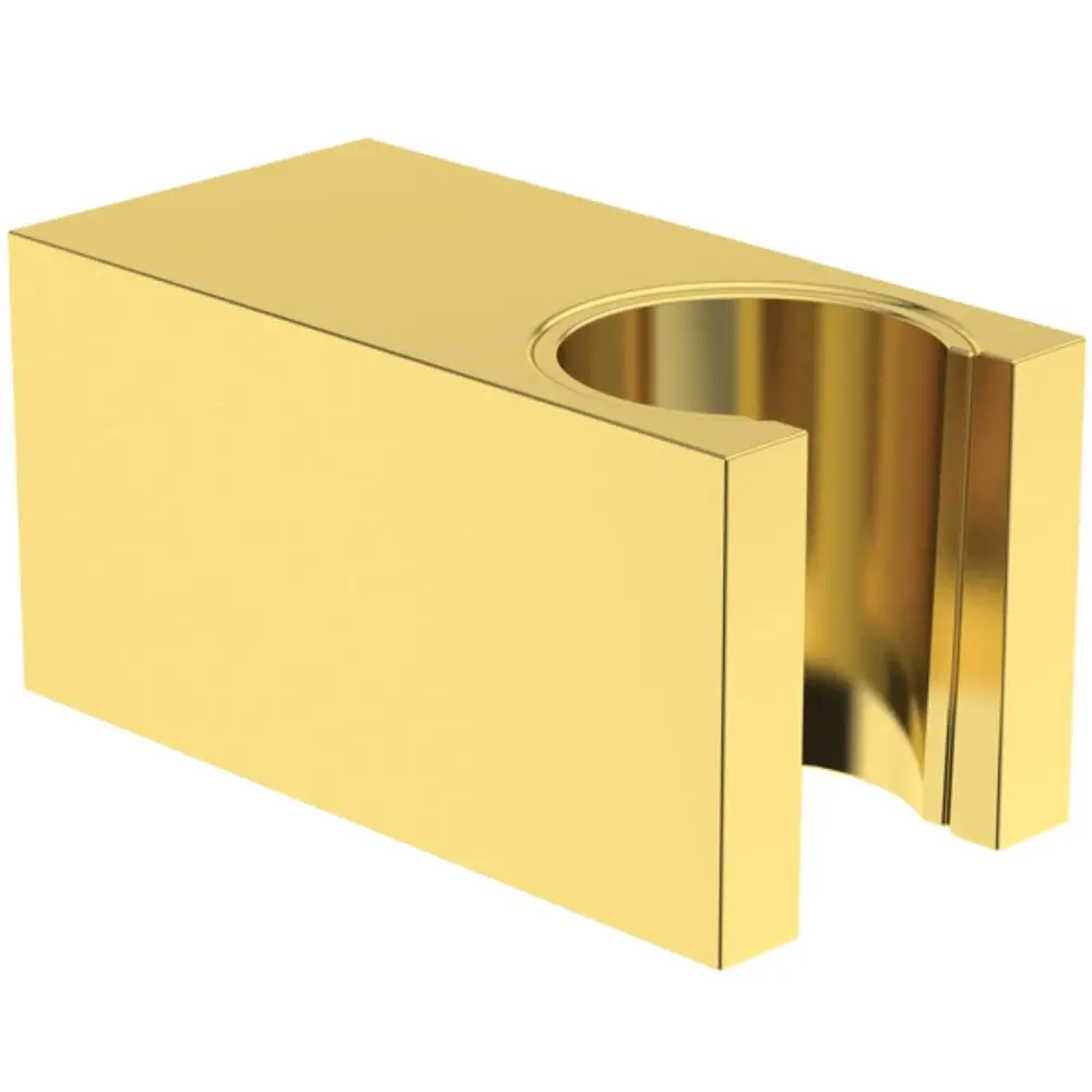 Wandhalter aus Goldfarbmetall mit eckiger Rosette, geeignet für eine Handbrause. Von Ideal Standard, im modernen Design.
